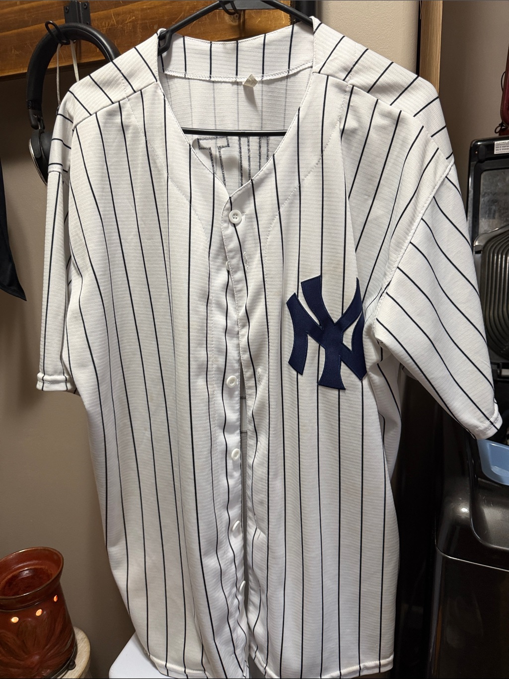 White Pinstripe Baseball Jersey  Navy Logo